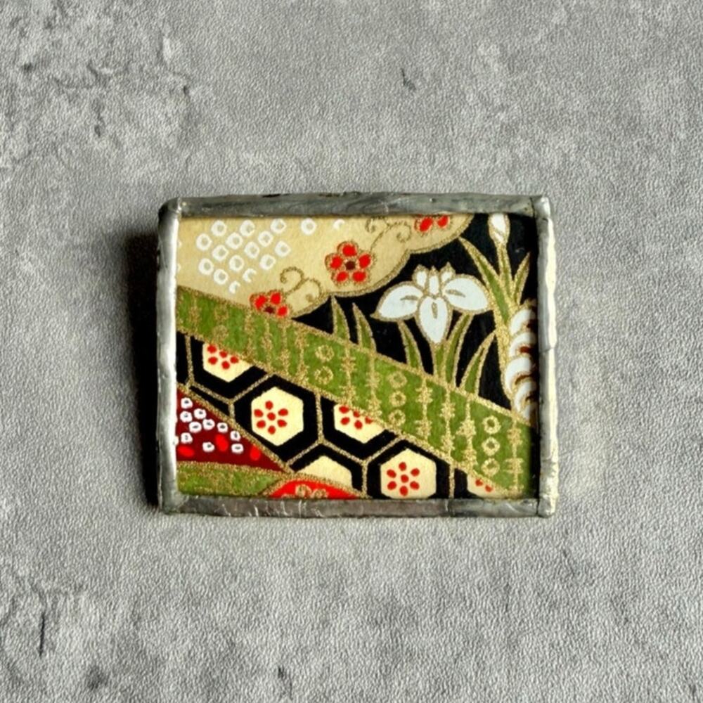Hand Soldered Glass Tile Pendant Pin Japanese Kimono Print On Paper Artsy Brooch